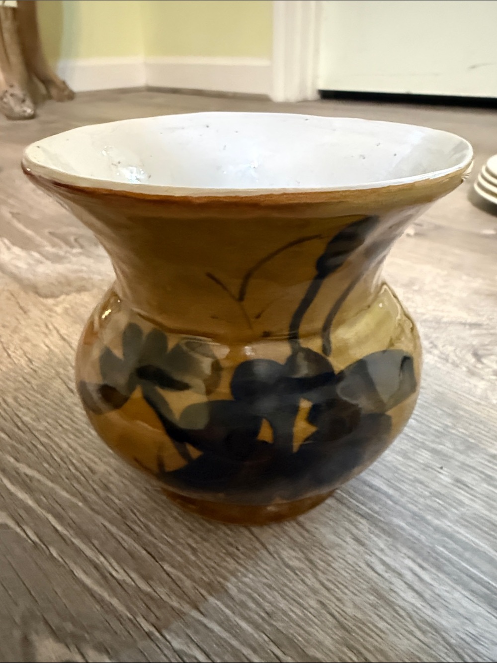 Hand-Painted Yellow Ceramic Vase with Black Floral Motif